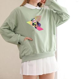 Women's Hoodies Women Korean Kpop Street Style Sweatshirt Sweet Kawaii Cartoon Anime Print Turndown Collar Pullover Cotton Full-sleeve