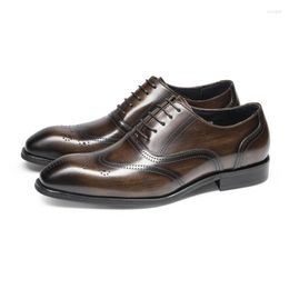 Dress Shoes Real Cowhide Mens Luxury Italian Flat Genuine Leather Fashion Classic Black Brogues Wedding Social For Male