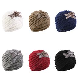 New Women Winter beaded flower knit Hat Autumn Winter Warm Turban Turban Hats Elastic Bonnet Headwrap Bandana Hair Accessories