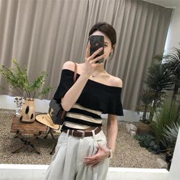 Women's T Shirts A Line Shoulder Stripes Off-the-shoulder Short Sleeve T-shirt Summer Thin Sweet Wooden Ear Side Off-shoulder Colour Shirt