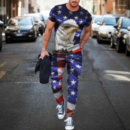 Men's Tracksuits T-shirt Long Pants Tracksuit American Flag 3D Print T Shirts Trousers Sets 2 Pieces Streetwear Oversized Suits Sportswear