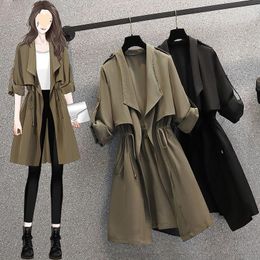 Women's Trench Coats Coat For Women Spring Autumn Solid Casual Long Sleeved Lace Up Korean Fashion Oversize Mid Length