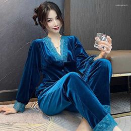 Women's Sleep Lounge Women's Sleepwear V-neck Shirt Pants Women Autumn Pyjamas Set Lace Trim 2PCS Velvet Pijamas Suit Sexy Nightwear Velour Home ClothesL230913