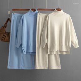 Women's Two Piece Pants DropSleeve Women Turtleneck Sweater Tracksuits Oversized Winter Wide Leg Suits Full Trousers Outfits Set