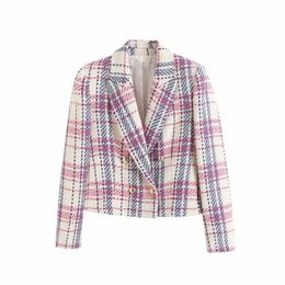 Women's Suits Blazers Women spring Fashion Double Breasted Tweed Cheque Blazer Coat Vintage Long Sleeve Pockets Female Outerwear Chic 230912
