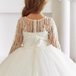 Girl Dresses Long Lace Tulle Full Sleeves Flower Dress For Wedding Glitter Princess First Communion Formal Event Birthday