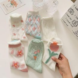 Women Socks Spring Summer Mesh Flower Fashion Breathable Soft Cotton Cute Crew Casual Long Girls Japanese Style Thin