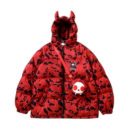 Men's Down Parkas Winter Y2k Streetwear Coats for Men Loose Hip Hop Devil Horns Hooded Parka Harajuku Puffer Bubble Outwear Warm Thicken Coats 230912