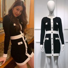 Womens Korean Button Knitted Midi Dress for Women Autumn Winter Casual Elegant Dresses Clothing Clothes Woman Female Party Skirt