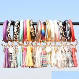 Cell Phone Straps Charms Leather Wrap Tassels Bracelets Keychain Custom Wristlet Bracelet Tassel Leopard Sunflower Round Print Bangle Dhher