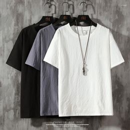 Men's T Shirts Solid Linen Short Sleeved T-shirt For Summer White Round Neck Loose Bottomed Shirt Korean Fashion Men