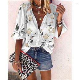 Women's Polos Indie Floral Print Long Sleeve T-shirts Women Plus Size Loose Casual Commute Tops Spring Autumn Oversized Single Breasted