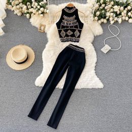 Autumn Womens Women's Two Piece Pants Beaded Chic Cropped Tops And High Waist Slim Long Pants Fashion Set 2023290a