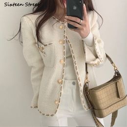 Women's Jackets Golden Button Woollen Jacket Woman Winter Single Breasted Pocket Elegant Tweed Crop Coat Korean Business Office Outerfit Fall 230912