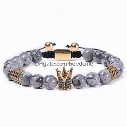 Beaded Copper Zircon Diamond Crown Bracelets Natural Map Stone Beads Strand Bracelet Braided Cuff For Women Men Fashion Jewellery Will A Dhlak