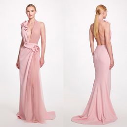 Sexy Pink Evening Dresses Illusion V Neck Mermaid Prom Gowns Pleated Flowers Princess Formal Party Wear