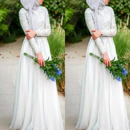 Muslim Wedding Dresses With Hijab Simple Pure White Beaded C rystals High Neckline Long Sleeve Chiffon Islamic Wedding Dress2437