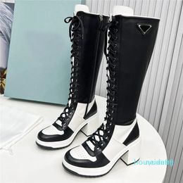 Designer - Leather Boots Triangle Boots Women Luxury Calfskin Fashion High Heel Lace-Up Boot Winter Motorcycle Knee Boots