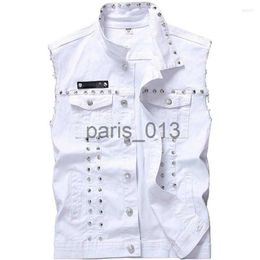 Men's Jackets Men's Jackets Idopy Mens White Denim Vest Single Breasted Rivet Party Stage Slim Fit L-5XL Studded Waistcoat Cotton Jacket For Male Plus x0913 x0913