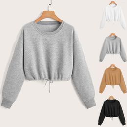 Women's Hoodies Women Casual Solid Round Neck Long Sleeve Crop Top Sweatshirt Loose Strap Plain Sweatshirts