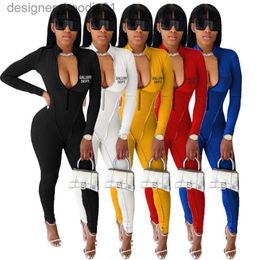 Womens Jumpsuits Rompers Spring Womens Jumpsuits Designer 2023 New Slim Sexy Letter Ironing Zipper Elastic Hip Lifting Onepiece Pants Sports Fitness Yoga Suit L230