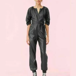 Women's Leather Black Women Jumpsuit Real Lambskin Stylish Party