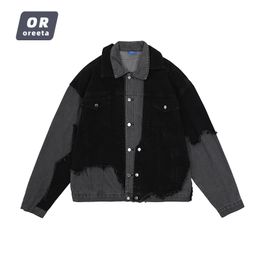 Washed Grey Black Patchwork Ruffled Collar Denim Jacket Men's Wear