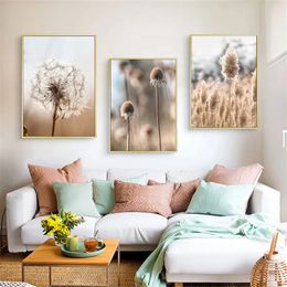 Canvas Painting Beige Reed Dandelion Grass Cow Natural Wall Art Nordic Posters And Prints Wall Pictures For Living Room DecorL01