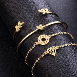 Link Bracelets 4pcs Gold Bracelet Ladies Vintage Style Leaves Knotted Glossy Hollow Diamond With Cross Chain Combination Jewelry