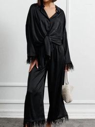 Women's Sleepwear Linad Feathers Pyjamas For Women 2 Piece Sets Black Long Sleeve Female Loose Trouser Suits Autumn Casual Nightwear