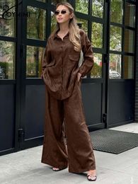Women's Two Piece Pants Oymimi Fashion Brown Cotton Womens 2 Outfit Set Elegant Long Sleeve Pockets Shirts And Solid Loose Wide Leg Sets