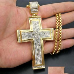 Pendant Necklaces Hip Hop Iced Out Big Cross Necklace For Men Gold Colour Stainless Steel Rhinestone Hiphop Christian Jewelrypendant Dr Dh8Ev