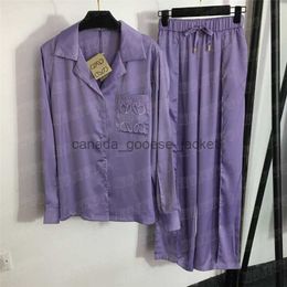 Women's Sleep Lounge Embroidered Pattern Shirts Pants Sleepwear For Long Sleeve Shirt Drawstring Elastic Waist Wide Leg Pant Casual SuitsL230913