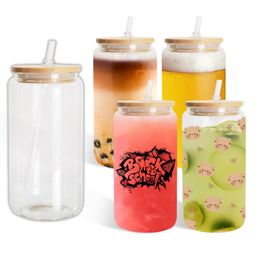 USA CA Warehouse RTS Stock 16oz Popular Shape Sublimation Beer Jar Glass Can Cup Clear Scrub Soda with Bamboo Cap + Straw