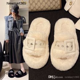 Oversized Outer Wearing Plush Slippers For Women In Autumn And Winter 2023 New Korean Version Belt Buckle Casual Flat Bottom Plush Slippers