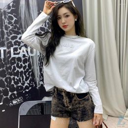 Women's T Shirts 2024 Autumn Embroidered Letter Neckband Water Diamond Long Sleeve T-shirt Casual Versatile Pure White Top