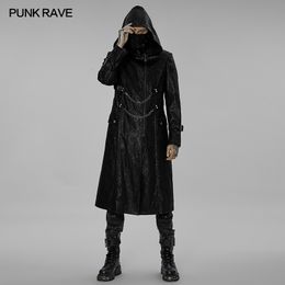Men's Trench Coats PUNK RAVE Punk Hooded Stand Collar Printing Coat Metal Chains Lobster Buttons Personality Long Jacket AutumnWinter 230912