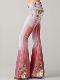 Spring New Fashion Jeans Gradient Flower Print Imitation Denim Bell Bottoms Women High Waist Long Pants Plus Size Women Trousers H0908