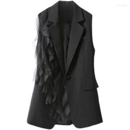 Women's Vests SuperAen Black Suit Vest Autumn 2023 Korean Style Fashion Splice Chiffon Wooden Ear Edge