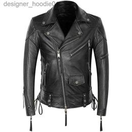 Men's Fur Faux Fur Motorcycle Leather Jacket Mens Genuine Cowhide Coat Punk Rock Costume Zippers Lace Up Slim Short L230913