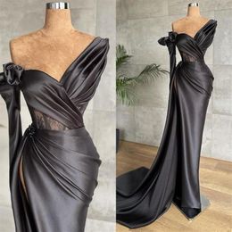 Sexy Black Mermaid Evening Formal Dresses One Shoulder Draped Floor Length Lace Stain Slit Pleated Side Train Prom Dress Formal Pa283M