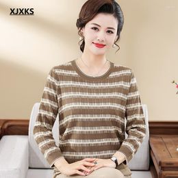 Women's Sweaters XJXKS 2023 Autumn Winter Round Neck Seven-quarter Sleeve Thin Jumper Loose Striped Wool Knitted Tops