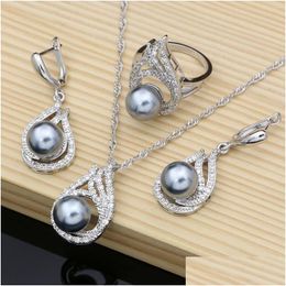 Earrings Necklace Grey Pearl Bridal Jewellery Sets Drop With Cz Stone 925 Sier Women Ring Set Delivery Ot3Xt