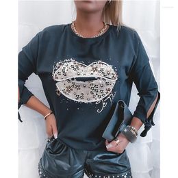 Women's T Shirts Lip Floral Print Long Sleeve Tied Detail Cutout Top Fashion Casual O Neck Loose T-shirt Streetwear