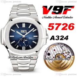 V9F 5726 Annual Calendar A324 Automatic Mens Watch D-Blue Textured Dial Moon Phase Stainless Steel Bracelet Super Edition Puretime238R