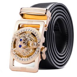 Genuine Leather Wolf belt for Men Polychrome rhinestone Alloy belt automatic buckle black Luxury Brand plus size Ceinture Homme