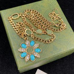 Blue flower shape rhinestone pendant necklaces antique bronze chain luxury necklace fashion brand designer for woman girl ladies w269Q