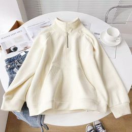 Women's Hoodies Chic Stand Collar Half Zipper Pullover Sweatshirt Women Long Sleeve Solid Waffle Female BF Style Top Outwear Autumn