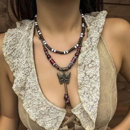Vintage Rope and Beads Chains with Butterfly Pendants Necklace for Women Layered Beads Choker Necklace 2023 Fashion Neck Jewelry