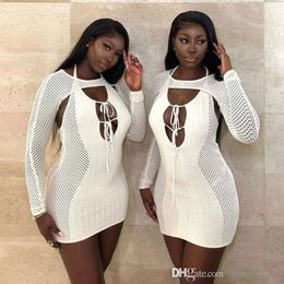 Casual Two Piece Dress 2023 Autumn Deisgner Clothing Skirt Set Sexy Hollow Out Long Sleeve Shawl Hanging Neck Lace Up Backless Bodycon Knit Dresses For Woman